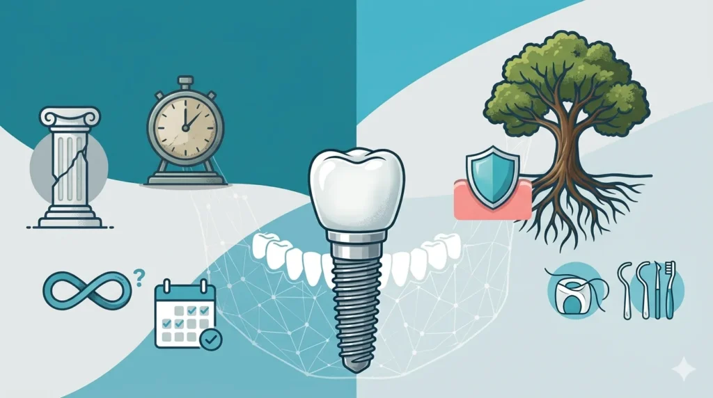 Infografía sobre si los implantes dentales son para toda la vida: tornillo de titanio, corona dental y elementos de higiene oral