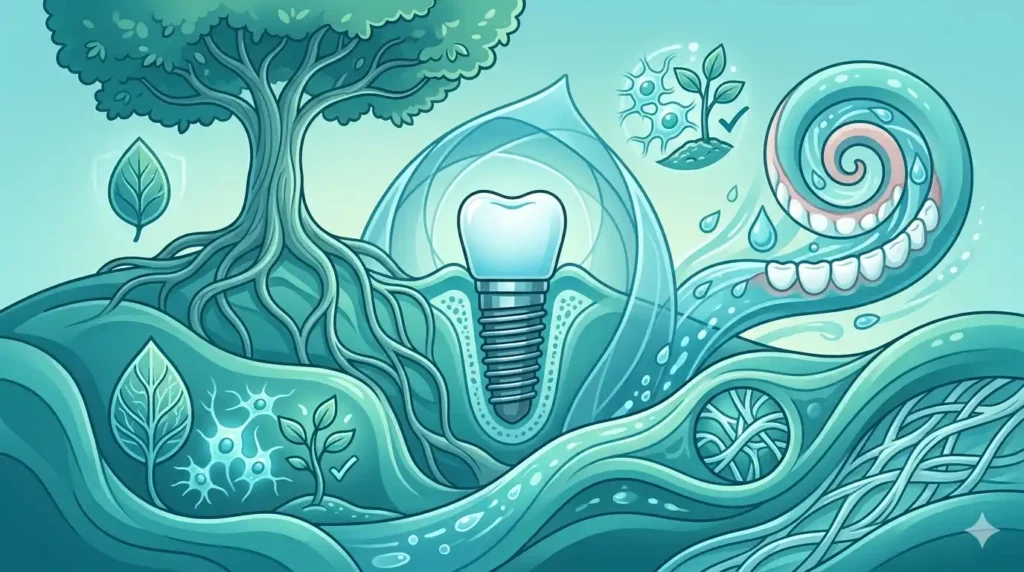 Ilustración de osteointegración del implante dental con raíces profundas y tejido óseo saludable simbolizando la durabilidad con mantenimiento diario